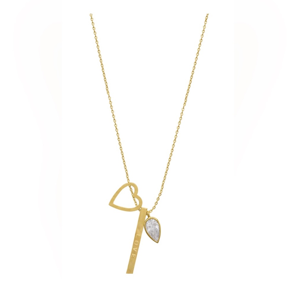 Adornia 14K Gold Plated Swarovski Crystal, Bar and Heart Triple Charm Necklace